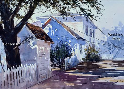 3 Ways to Show Perspective in a Landscape Painting - OutdoorPainter Painting Perspective, Sky House, House Tree, Watercolor Workshop, Watercolor Architecture, Web Gallery, Artist Materials, Watercolour Inspiration, 수채화 그림