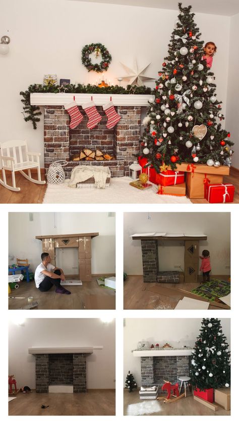 DIY fireplace for Christmas shooting decor using boxes Diy Pretend Fireplace, Chimney Christmas Decor Diy, Diy Fireplace For Christmas, Chimney Photoshoot, Fake Chimney For Christmas, Homemade Fireplace For Christmas, Diy Chimney Fireplaces Christmas, Diy Christmas Fireplace Cardboard, Diy Fireplace Christmas