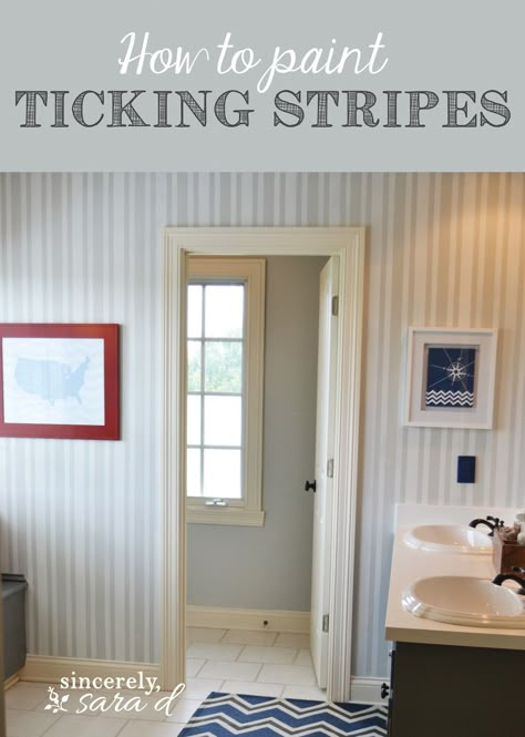 I love this as an accent wall!  It doesn't look hard - just requires a lot of painter's tape. Tape Stripes On Wall, Painters Tape Accent Wall, Stripped Painted Walls, Painted Wall Stripes, Stripe Wall Paint Ideas, Patterned Accent Wall, Striped Bathroom Walls, Stripes Wall Paint, Painted Stripes On Wall