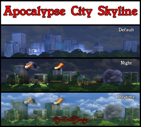 Mod The Sims - Apocalypse City Skyline Replacement Sims 4 Apocalypse Cc, Sims 4 Apocalypse, Apocalypse City, Apocalyptic City, City Skyline Night, Sims Challenge, Burning City, Sims Stories, Sims 4 Challenges