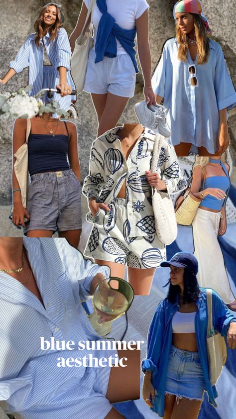 Last Toast On The Coast Bachelorette Outfit, Blue Outfit Collage, Last Toast On The Coast Outfits, Coastal Bachelorette Outfit, Something Blue Bachelorette Party Outfit, White Theme Party Outfit, Group Outfit Ideas, Andrea Core, Coastal Cowboy