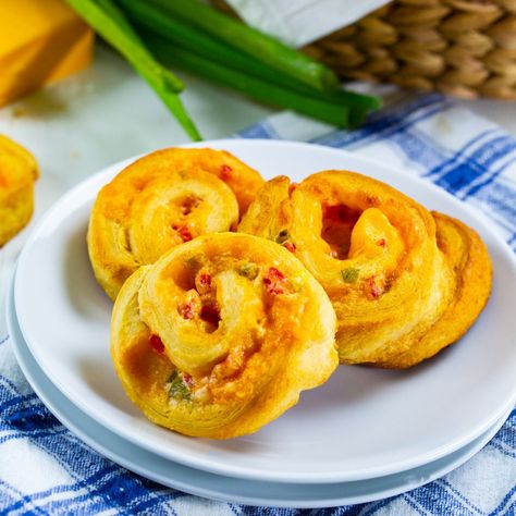 Pimiento Cheese Spirals Pimento Cheese Pinwheels, Southern Appetizers, Crescent Roll Appetizers, Spicy Southern Kitchen, Cream Cheese Crescent Rolls, Pinwheel Appetizers, Pimiento Cheese, Cheese Crescent Rolls, Southern Kitchen