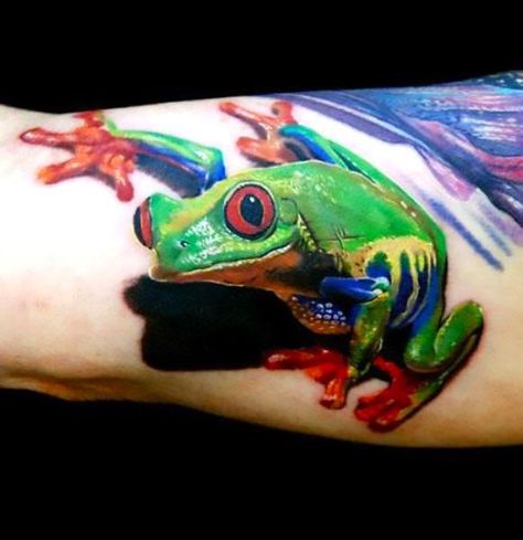 Colorful 3D tree frog on the arm. Style: Realistic. Color: Colorful. Tags: Best, 3D, Beautiful Frog Tattoo Ideas, Rose Tattoo Black, Tato 3d, Tree Frog Tattoos, Tier Tattoo, Frog Tattoo, Amazing Frog, Red Eyed Tree Frog, Frog Tattoos