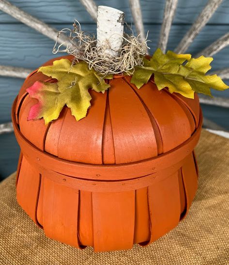 Thrifted Pumpkin Basket Makeover Diy Pumpkin Basket, Dollar Pumpkin Bucket, Fall Apple Basket Decor, Upcyled Square Baskets, Diy Vintage Pumpkin Bucket, Peach Basket, Tree Stem, Basket Makeover, Apple Baskets