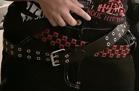 Layerd Belts, Layered Belts Emo Outfit, Layering Belts Y2k, Layered Belts Emo, Emo Belt Outfit, Studded Belt Outfit Emo, Stacked Belts, Emo Belts, Studded Belt Outfit