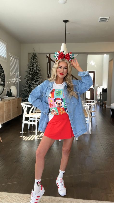 Check out this photo from richin_love Disney In December Outfits, Christmas Disney Outfits, Disneyland Christmas Outfit, Red Tennis Skirt, Disney Christmas Party, Disney Christmas Outfits, Socks Adidas, Disney Dapper Day, Disney Outfits Women