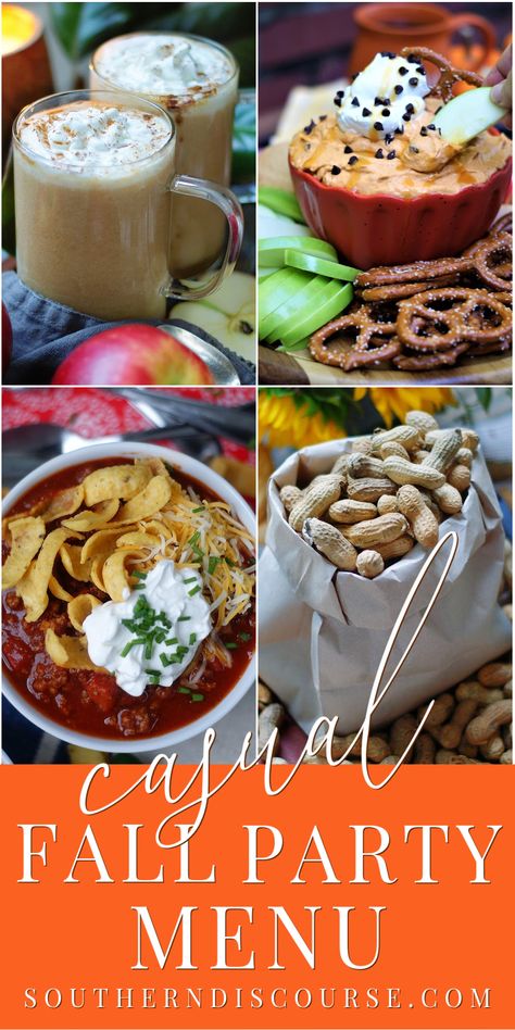 Are you hosting a fall party this year? These recipes will help you put together a fun, casual fall party menu that’s perfect for gathering around the fire pit, before or after trick or treating, or just getting together with friends to celebrate the season. Friend Fall Party, Fall Festival Party Food, Hosting A Fall Party, Bonfire Dinner Ideas, Fall Outdoor Party Food, Fall Friends Party, Fall Party Menu Ideas, Fall Foods For Party Dinners, Fall Get Together Party Ideas