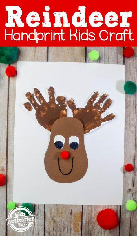 We love holiday handprint projects because it doubles as a Christmas craft and then a treasured keepsake. These Rudolph the Reindeer handprints would make really cute Christmas cards. To make this Rudolph handprint art, you need brown paint, something for a red nose, googly eyes (or other kind of eyes to craft with), markers to draw smiles, and brown construction paper. If you are able to direct the child to place their hands in exactly the right place to fashion reindeer antlers, then doing thi Handprint Reindeer, Rudolph Crafts, Reindeer Handprint, December Ideas, Christmas Handprint Crafts, Kids Painting Crafts, Halloween Crafts Preschool, Handprint Christmas, Cute Christmas Cards