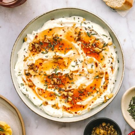 Quick Whipped Ricotta Dip with Hot Honey Appetizer - Cooking in my Genes Hot Honey Whipped Feta Dip, Ricotta Hot Honey Dip, Whipped Ricotta Dip With Hot Honey, Healthy Hot Dips, Appetizer With Hot Honey, Honey Ricotta Dip, Hot Honey Dip, Ricotta Honey Dip, Ricotta Cheese Dip