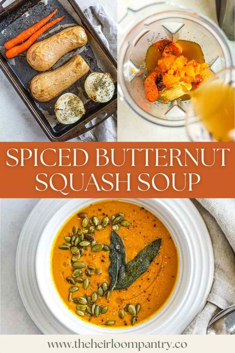 Spiced Vegan Butternut Squash Soup (Vitamix) Butternut Squash Soup Vitamix, Vegan Squash Soup, Butternut Squash Soup Creamy, Butternut Squash Roasted, Gf Soup, Vitamix Soup, Spiced Butternut Squash, Squash Roasted, Fried Sage