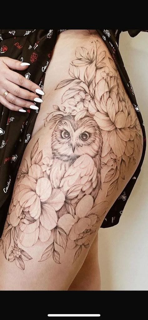 Owl Thigh Tattoos, Barn Owl Tattoo, Owl Tat, Owl Tattoo Drawings, Upper Thigh Tattoos, Cute Owl Tattoo, Steampunk Tattoo, Hip Thigh Tattoos, Owl Tattoo Design