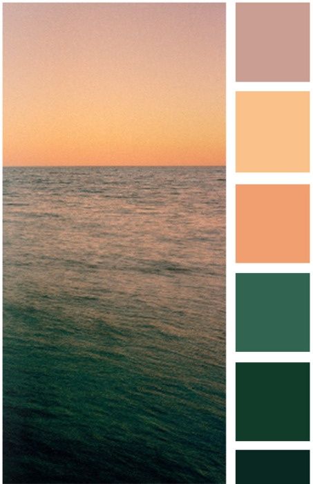 Sea tones: green, emerald and peach colour / color palette inspiration. Earth Tones Kitchen, Pallet Inspiration, Bathroom Color Palette, Swatch Book, Colorful Inspiration, Color Pallete, Nature Color Palette, Color Palate, Bedroom Paint Colors