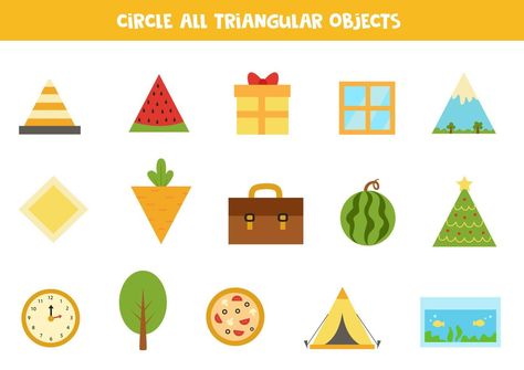 Find all triangular objects. Educational worksheet for children. Triangle Objects, Paper Bag Crafts, Educational Games For Kids, Educational Worksheets, Game For Kids, Basic Shapes, Educational Games, Art Teacher, Games For Kids