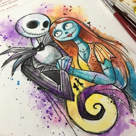 Deborah Deh Soares on Instagram: “Jack & Sally ❤️ . Desenho para a tattoo da Mariane. . 💜🦄orçamentos exclusivamente pelo e-mail  Studiolotus.tattoo@gmail.com . #tattoo…” Jack And Sally Tattoo Color, Jack Skellington Tattoo Color, Jack And Sally Watercolor Tattoo, We Can Live Like Jack And Sally Tattoo, Nightmare Before Christmas Drawing Ideas, Jack Sally Tattoo, Jack And Sally Watercolor, Jack And Sally Drawing, Jack And Sally Art