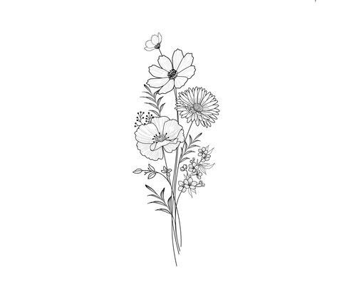 September Month Flower Tattoo, March And September Birth Flower Tattoo, Bunch Of Birth Flowers Tattoo, Primrose Flower Drawing Simple, Birth Month Flower Tattoos Ideas, July Flower Bouquet Tattoo, 7 Flower Bouquet Tattoo, Birth Flower Drawing Simple, October Flower Bouquet Tattoo