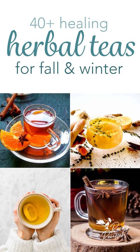 Healing Herbal Teas for Fall & Winter (40+ recipes) Teas Good For Colds, Medicinal Herbal Tea Recipes, Best Tea Blends, Tea Blends For Energy, Hot Teas Recipes, Cozy Tea Recipes, Tea Bag Recipes, Winter Tea Blend Recipe, Asian Tea Recipes