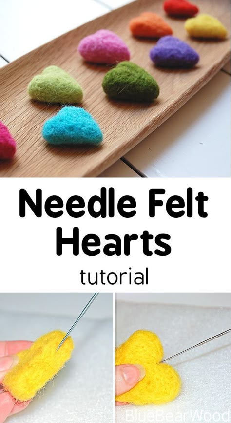 How To Make Cute And Colourful Needle Felt Hearts Needle Felting Garland, Needle Felted Hearts, Felt Hearts Diy, Felt Ball Crafts, Tovad Ull, Needle Felting Tutorial, Felted Projects, Felting Diy, Wool Felt Projects