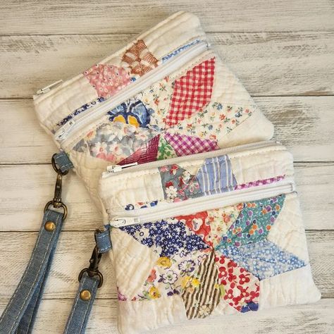 Things To Make With Old Quilts, What To Do With Old Quilts, Vintage Zipper Pouch Coin Purse As Gift, Vintage Fabric Bags For Everyday Use, Vintage Handmade Pouch, Vintage Handmade Pouch Bag, Vintage Multicolor Bags With Zipper Pouch, Textile Art Embroidery, Handmade Market