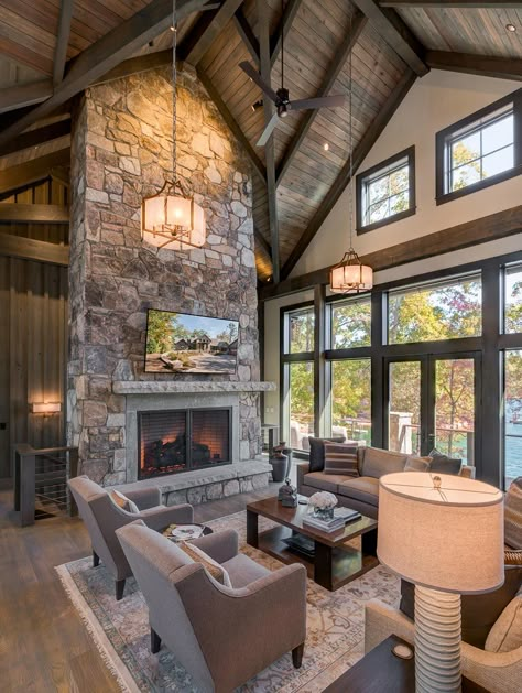 Towne Landing - Keowee Falls, SC Mountain Home Interiors, Modern Lodge, Cabin Living Room, Banda Aceh, Cabin Interiors, Cabin Living, Lodge Style, Lodge Decor, Cabin Style