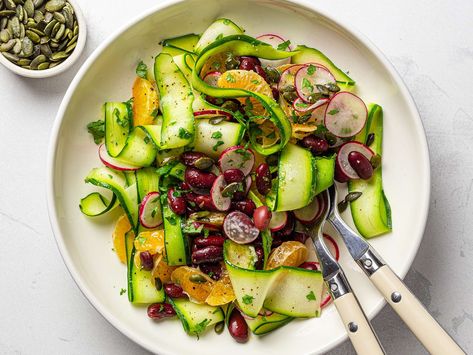 Tangerine and Zucchini Rainbow Salad | Foodaciously Raw Vegetables Recipes, Tangerine Salad, Salad Zucchini, Raw Zucchini Salad, Zucchini Ribbon Salad, Courgette Salad, Raw Zucchini, Rainbow Salad, Allergen Free Recipes