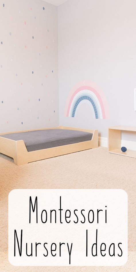 Gender Neutral Nursery Montessori, Montessori Bedroom Infant, Montessori Baby Rooms, Toddler Floor Bed Room Setup, Nursery Ideas Montessori, Montessori Bedroom Newborn, Montessori Nursery Infant Room, Small Montessori Bedroom, Montessori Bedroom Ideas