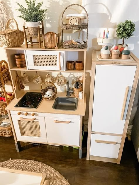 Boho Play Kitchen, Ikea Kitchen Toddler, Montesorri Kitchen, Diy Ikea Kitchen Kids, Kids Ikea Kitchen Makeover, Ikea Toddler Kitchen, Ikea Kids Kitchen Makeover, Ikea Kitchen Kids, Kids Ikea Kitchen