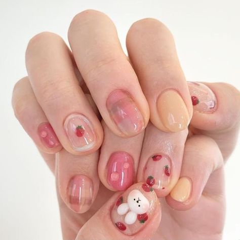 This is not mine. I found this randomly on internet Strawberry Themed Nails, Cute Strawberry Nails, Acro Poses, Princess Nail Art, Strawberry Nails, Strawberry Bunny, Bunny Nails, Cute Simple Nails, Pretty Gel Nails