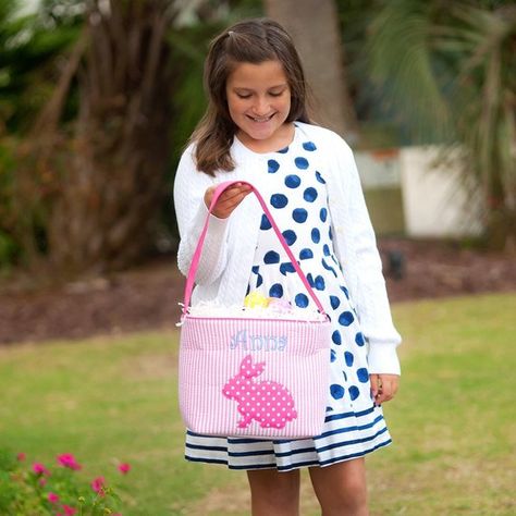 Monogrammed Easter Basket Pink Seersucker-Personalized Easter Basket-Pink Seersucker Easter Basket-E Embroidered Easter Basket, Pink Easter Basket, Personalized Easter Bucket, Monogrammed Easter Basket, Bunny Applique, Easter Totes, Easter Buckets, Easter Bags, Easter Bunny Basket