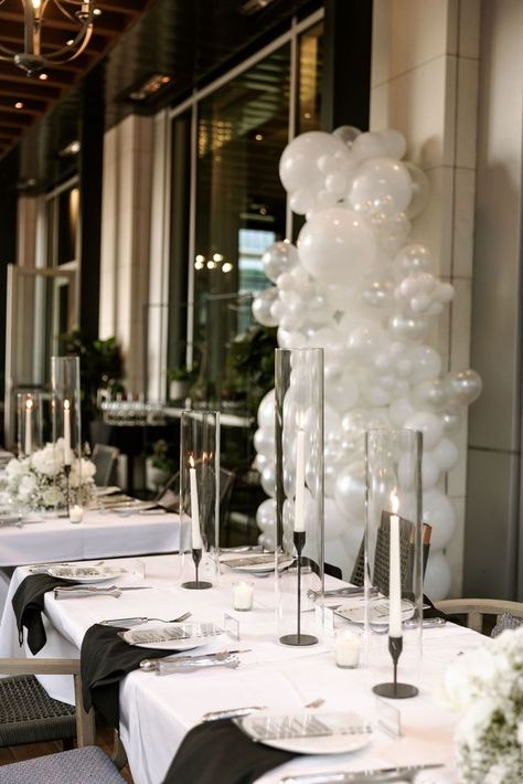 Balloon Arch, Tablescape ideas, Place setting ideas, Dinner Party decor, dinner party inspiration, all white dinner party, classic decor, Fancy Dinner Decor For Rehearsal Dinner, All White Dinner Party, Romantic Rehearsal Dinner, Pearl Themed Party, White Dinner Party, Rehearsal Dinner Inspiration, Place Setting Ideas, Balloon Arch Wedding, Wedding Rehearsal Dinner Decorations