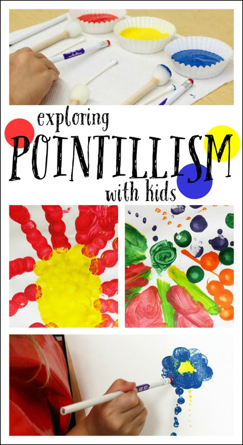 Explore pointillism with kids - fun and easy art for kids Pointilism Art Preschool, George Seurat For Kids, Seurat Pointilism, Seurat Art Projects For Kids, Dot Art For Kids, Easy Art Projects For Kids, George Seurat, Prek Art, Art Project For Kids