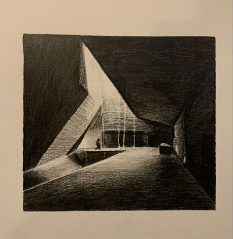 Charcoal Perspective Drawing, Charcoal Architecture Sketch, Charcoal Architecture Drawing, Charcoal Architecture, Architecture Documentation, Drawing Lighting, Underground Museum, Shadow Architecture, Conceptual Sketches