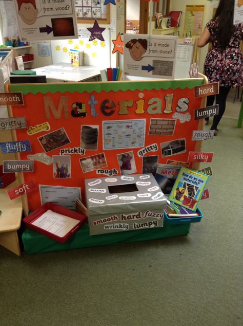 Interactive Materials Display Year 1 Science Display, Year 1 Science Materials Display, Junk Modelling Display Eyfs, Materials Continuous Provision, Teaching Materials Science, Topic For Science Exhibition, Early Years Junk Modelling Area, Continuous Provision Year 1, Investigation Area