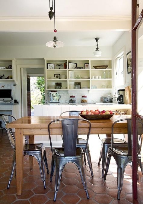 terra cotta tiles Hex Kitchen Floor, Mission Revival Homes, Mission Revival, Hacienda Style Homes, Kitchen And Bath Remodeling, Brick Flooring, Kitchen Floor, Cottage Kitchen, Bath Remodel