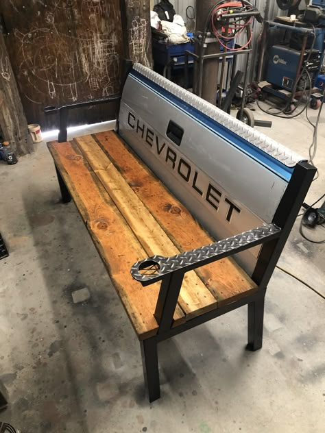 Big Welding Projects, Tailgate Bench Diy, Garage Man Cave Ideas On A Budget, Ford Bench, Tailgate Furniture, Simple Welding Projects, Chevy Tailgate Bench, Welding Projects To Sell, Dinning Table Diy