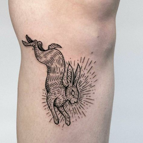 Traditional Tattoo Rabbit, White Rabbit Tattoo, Horrible Tattoos, Master Tattoo, Woodcut Tattoo, Rabbit Tattoo, Bunny Tattoos, Rabbit Tattoos, Calf Tattoo