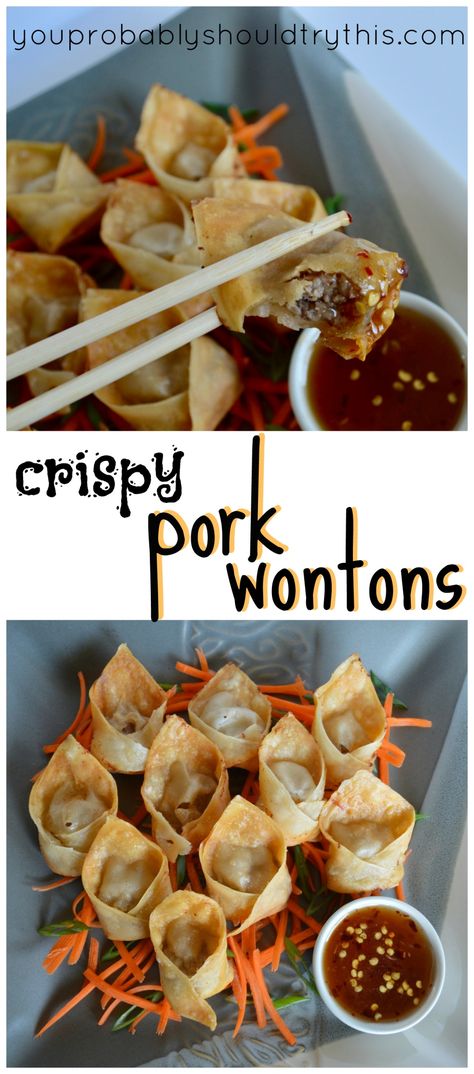 Crispy Pork Wontons – mamabatesmotel Pork Wonton Recipes, Pork Wonton Recipe, Pork Wontons, Wonton Recipe, Potstickers Recipe, Wonton Wrapper Recipes, Pork Dumplings, Crispy Wonton, Won Ton