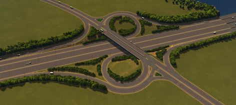 Parclo B4 Junction - Imgur City Skylines Game Ideas, Minecraft Highway, Cities Skylines Road Layout, Cities Skylines Layout Ideas, Planet Games, Highway Design, City Diorama, Highway Architecture, City Reference