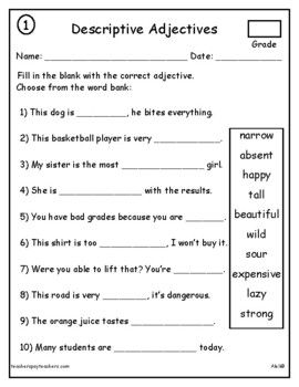 Descriptive Adjectives worksheets 100 questions. Fill in the blank with the correct adjective choosing from a word bank. 10 worksheets, 100 questions/sentences, to be used on multiple days. Answer key and study guide included. Descriptive Adjectives Worksheets, Fill In The Blanks Worksheets, Gender In English, Description Words, Descriptive Adjectives, First Grade Homework, Adjectives Worksheet, Resource Teacher, Adjective Words