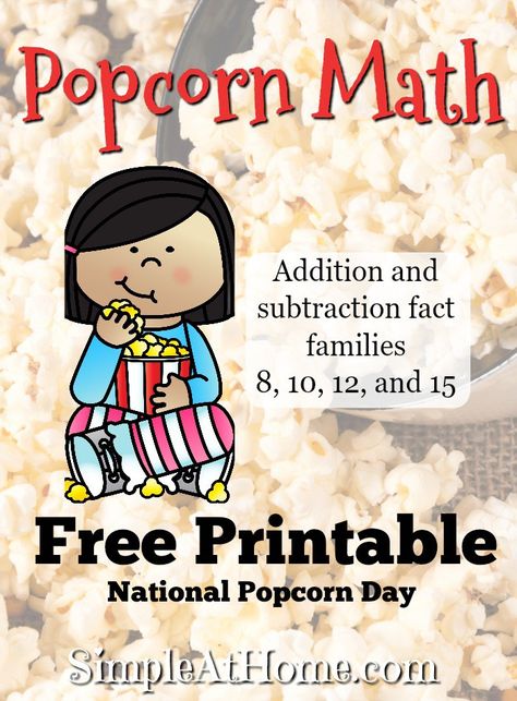 Grab this free popcorn math printable. Perfect learnign fun to add to your national popcorn day activities. National Popcorn Day, Popcorn Day, Popcorn Theme, Theater Popcorn, Movie Theater Popcorn, Unit Studies Homeschool, Free Popcorn, Popcorn Shop, January Activities