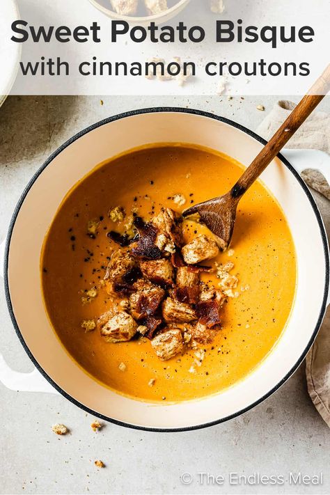 Cinnamon Croutons, Soup Bisque, Sweet Potato Bisque, Potato Bisque, Lemon Yogurt Sauce, Bourbon Sweet Potatoes, Sweet Potato Fritters, Whiskey Recipes, Potato Fritters