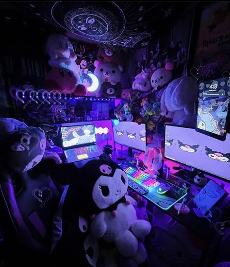 Pastel Goth Gaming Setup, Y2k Gaming Setup, Emo Gaming Setup, Kuromi Pc Setup, Kuromi Gaming Setup, Gameing Set Up, Gothic Gaming Setup, Goth Gaming Setup, Streamer Room