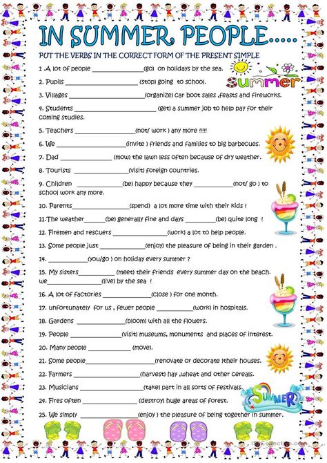 In summer , people....: present simple - English ESL Worksheets for distance learning and physical classrooms Summer Holidays Worksheet, Holidays Activities, Summer People, Holiday Worksheets, English Teaching Resources, English Exercises, English File, Grammar Practice, Summer Jobs