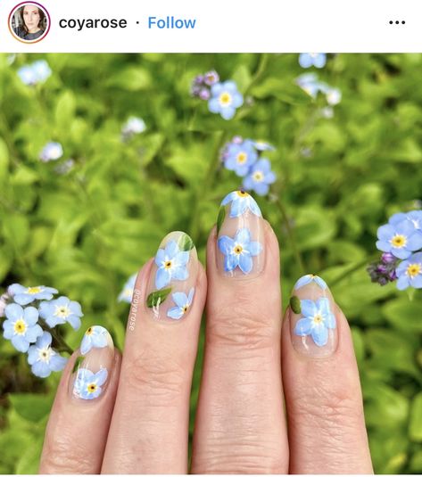 Forget-Me-Nots Patrick Nagel, Nail Acrylic, Floral Nail Designs, Short Nails Art, Nail Beauty, Nails 2020, Nails Summer, Short Nail Designs, Art Summer