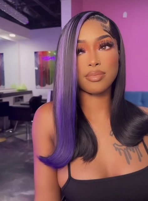 Purple Highlights Frontal Wig, Black Wig With Streaks, Straight Wig Hairstyles Black Women Color, Concert Wig Styles, Purple Ombre Hair Black Women, Purple And Black Lace Front Wig, Purple Skunk Stripe Wig, Black And Purple Quick Weave, Purple Wig Ideas