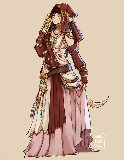 Manakete Oc, Hindi Character Design, Dnd Fortune Teller, Female Bard Outfit, Divine Sorcerer, Fortune Teller Character Design, Fortune Teller Drawing, Fortune Teller Character, Fortune Teller Outfit