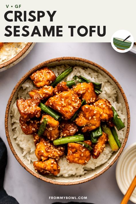 This 35 minute Sesame Tofu is made simple with crispy, oven-baked tofu and a homemade sweet and savory sesame sauce. Vegan, Gluten-Free. Crispy Sesame Tofu, Sesame Noodles Recipe, Sesame Tofu, Tofu Recipes Vegan, Teriyaki Tofu, Garlic Green Beans, Vegan Tofu, Tofu Dishes, Sesame Sauce