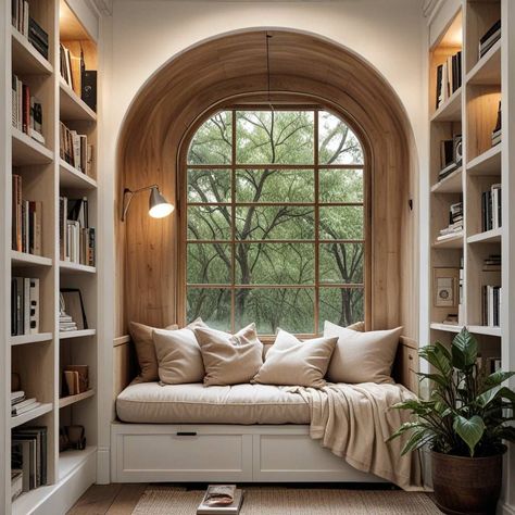 #windowseat #cozyhome #interiordesign #homedecor #windownook #spaceideas #interiorinspiration #homeideas #smallspaces #decoratingtips Library Bench Window, Reading Nook With Table, Reading Room With Windows, Window Seat Library Nook, Library With Window Seat, Small Study Room Ideas Cozy Library, Bay Window Reading Nook, Basement Nook, Window Reading Nook