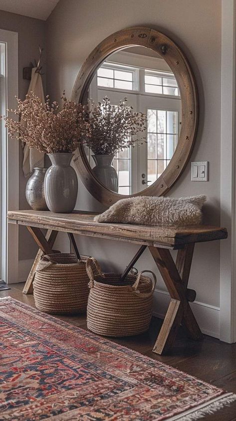 Creative Entryway, Organic Modern Dining Room, Game Room Ideas, Rustic Entryway Table, Mirror Decor Ideas, Doorway Decor, Rustic Vintage Decor, Rustic Entryway, Small Entryways