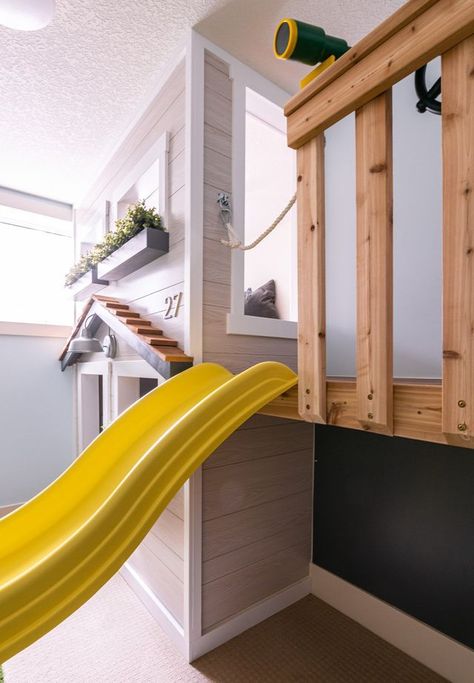 Indoor Playhouse With Loft, Diy Play Loft, Kids Play Area In Basement, Indoor Playground Basement, Basement Slide, Diy Indoor Playhouse, Indoor Playground Diy, Playhouse With Loft, Playroom Slide