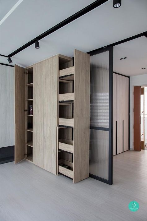 These Built-In Ideas Are Game Changers For Messy Homes - Have a look at these 6 built-in storage ideas for your new home renovation. #qanvast #hdbinterior #singaporecondointerior Gömda Rum, Open Closets, Hidden Closet, Bedroom Closet Doors, Closet Dividers, Condo Interior, Revere Pewter, Hidden Rooms, Unique House Design